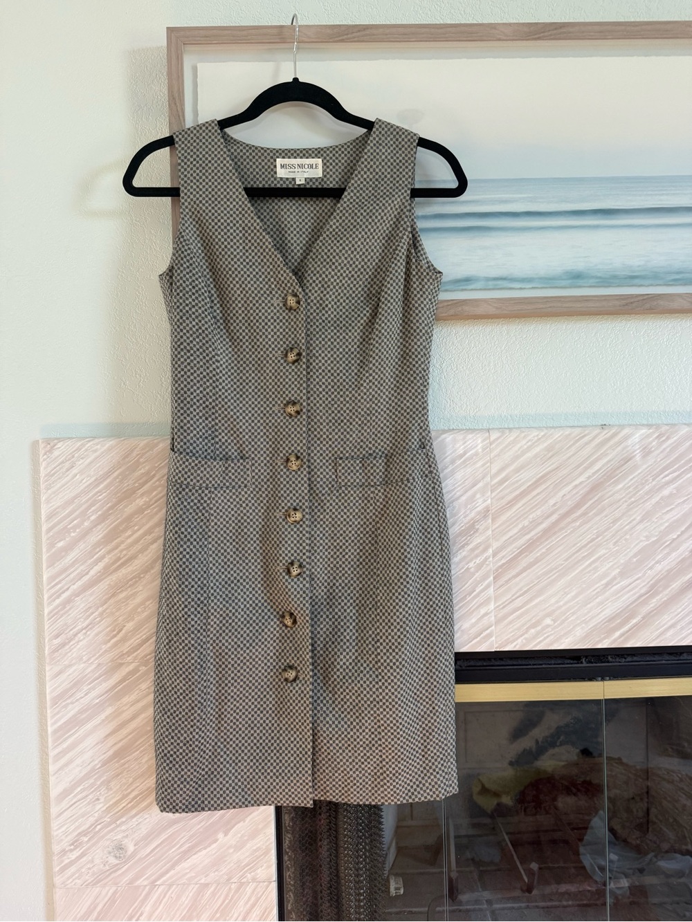 Miss Nicole vintage Neutral Houndstooth Button-Front Mini Dress